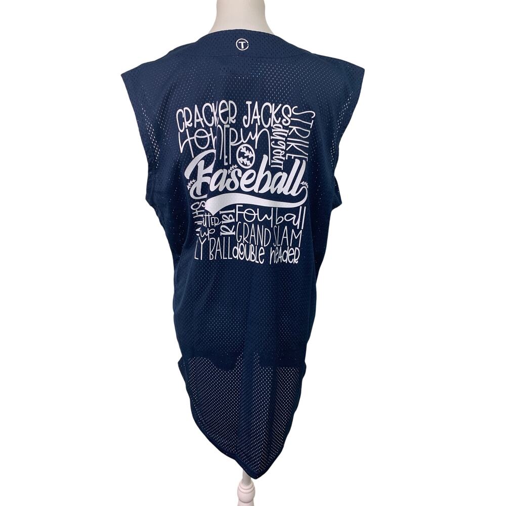 New Upcycled Hand Printed Unisex Medium Mens Baseball Navy Blue White Shirt